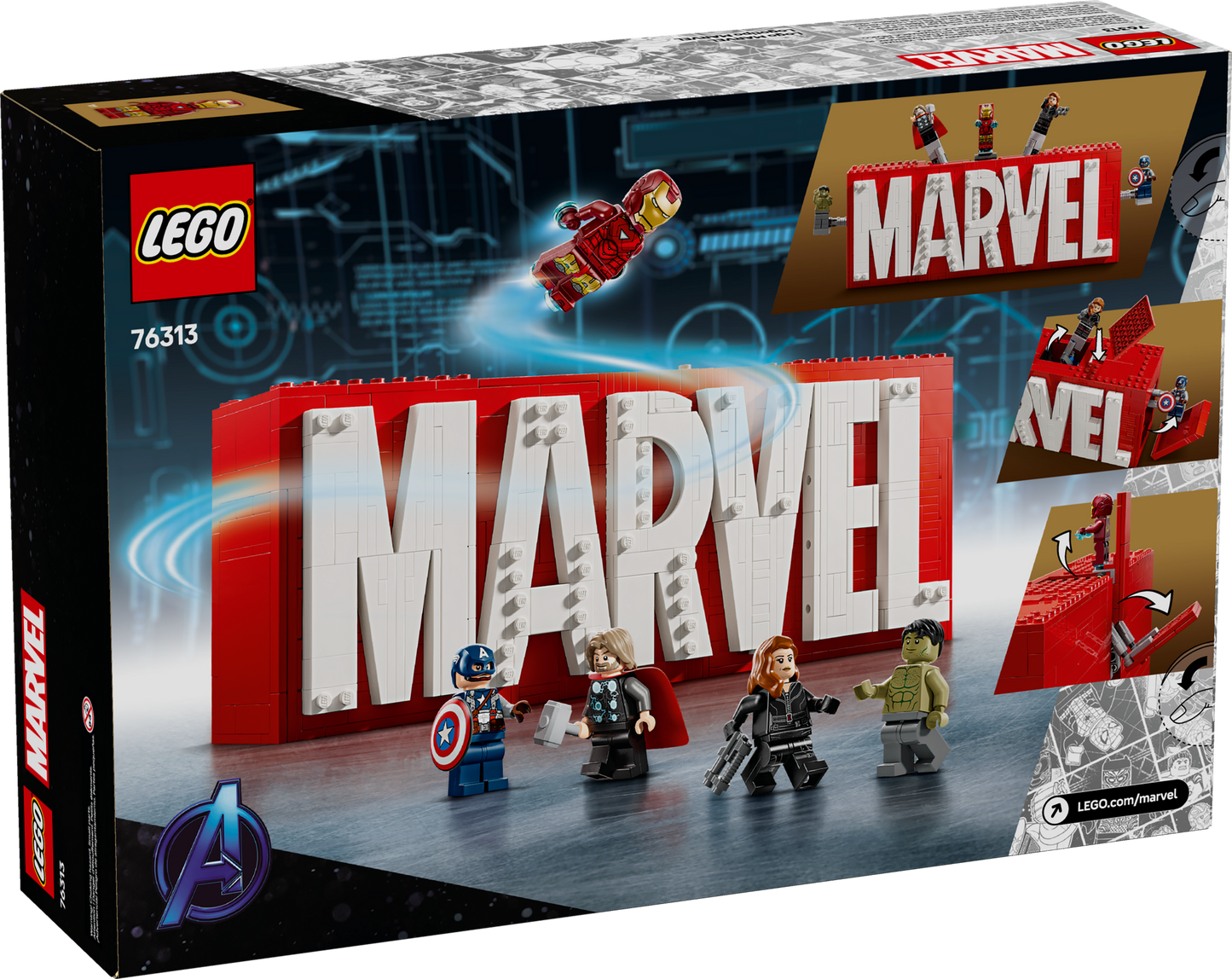 MARVEL logo en minifiguren 76313