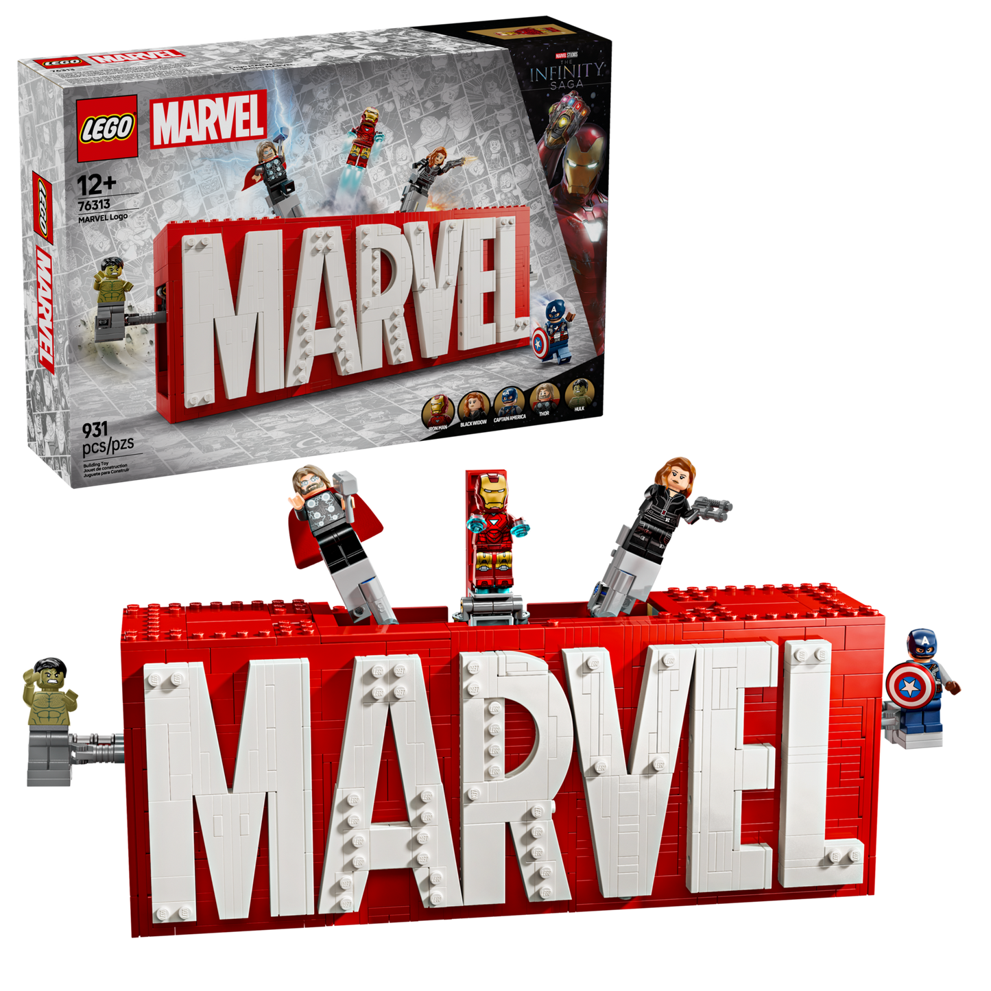 MARVEL logo en minifiguren 76313
