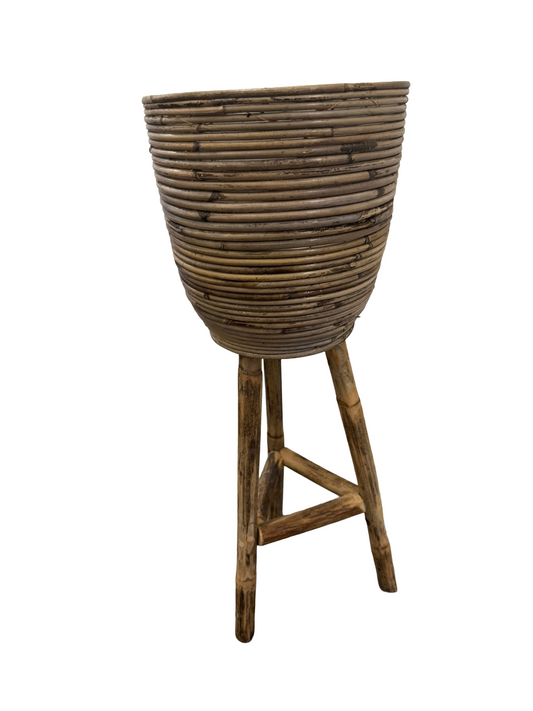 Houten staande bloempot met bamboe look (2de hands, als nieuw)